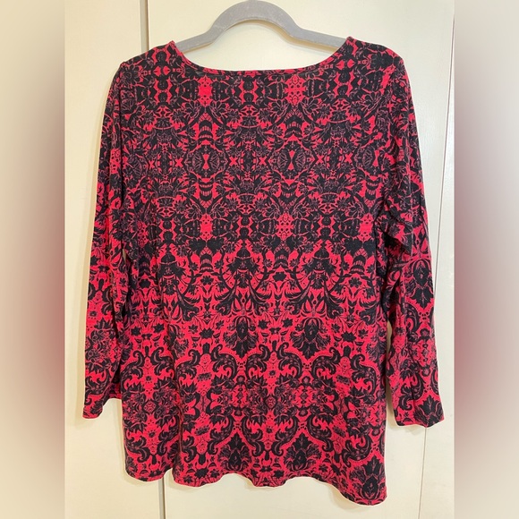 Dress Barn Red and Black 3/4 Sleeve Relaxed Blouse with Lace Top - Picture 3 of 5